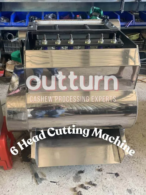 OUTTURN 6-head cashew nut cutting machine with six rotary cutting stations on a factory floor