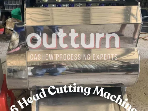 OUTTURN 6-head cashew nut cutting machine with six rotary cutting stations on a factory floor