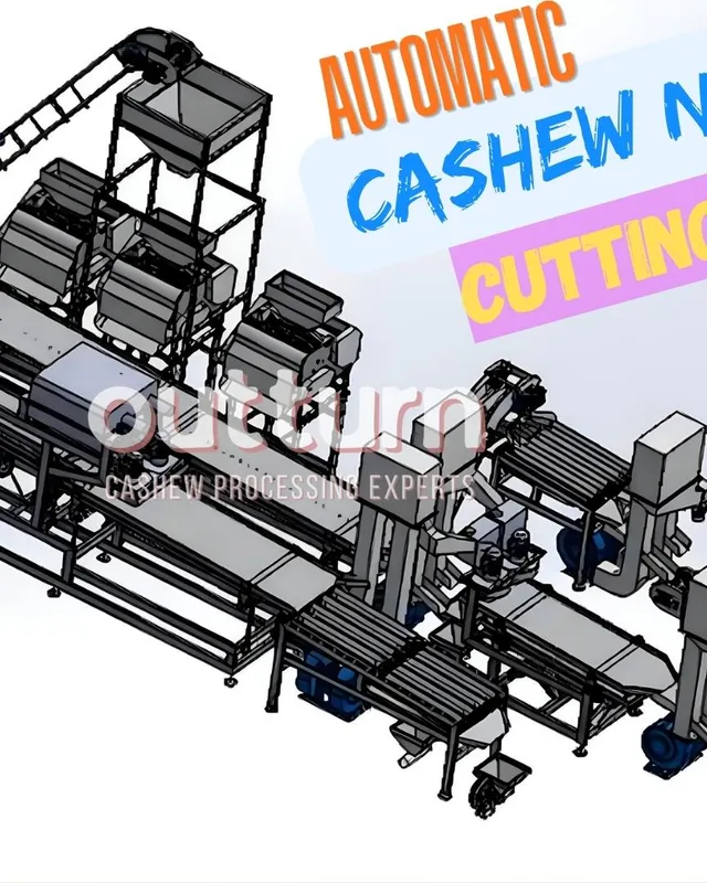Complete OUTTURN automatic cashew nut cutting line with multiple cutting heads, sieve, and centrifuge in a Vietnam factory