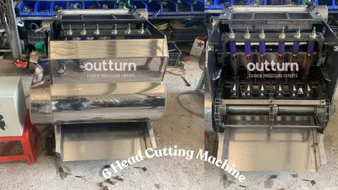 Row of OUTTURN cashew cutting machines of different head counts on the factory floor in Bình Phước, Vietnam
