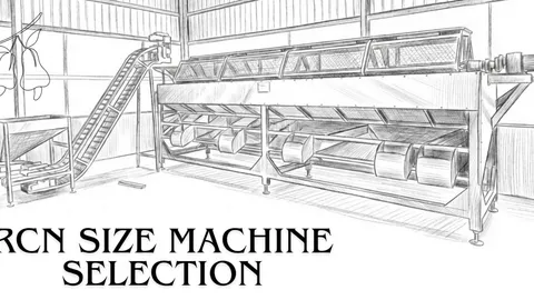 Sorted trays of raw cashew nuts in different size grades next to an OUTTURN cutting machine
