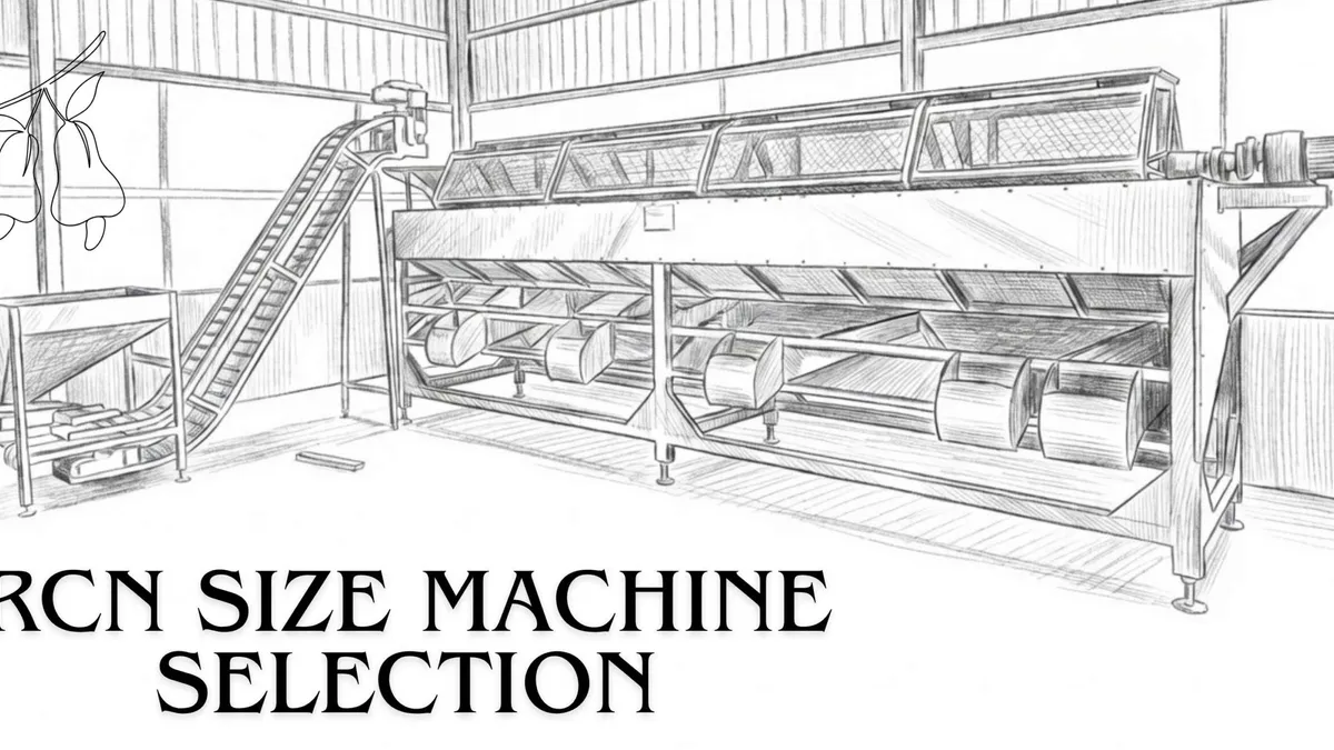 Sorted trays of raw cashew nuts in different size grades next to an OUTTURN cutting machine