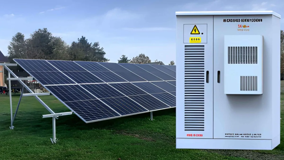 Solar panel array beside a rural cashew processing shed, wired to cutting machines and lighting