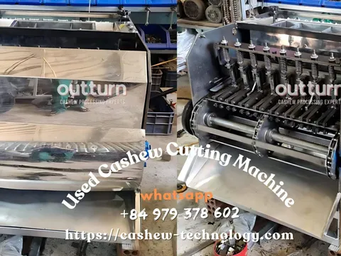 Refurbished OUTTURN used cashew nut cutting machine on the factory floor in Binh Phuoc, Vietnam, with new cutting cups and blade assembly installed