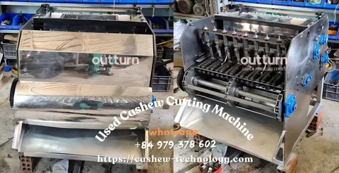 Refurbished OUTTURN used cashew nut cutting machine on the factory floor in Binh Phuoc, Vietnam, with new cutting cups and blade assembly installed