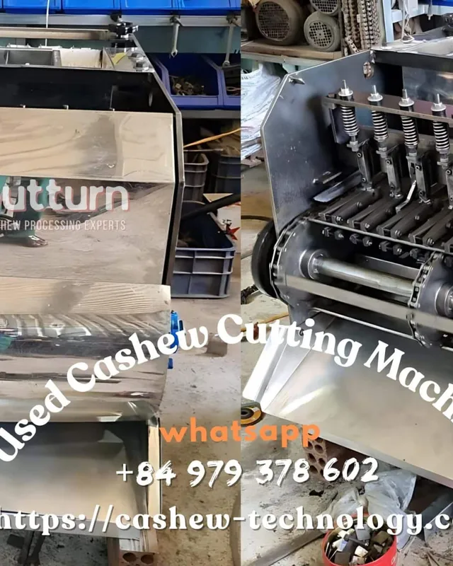 Refurbished OUTTURN used cashew nut cutting machine on the factory floor in Binh Phuoc, Vietnam, with new cutting cups and blade assembly installed