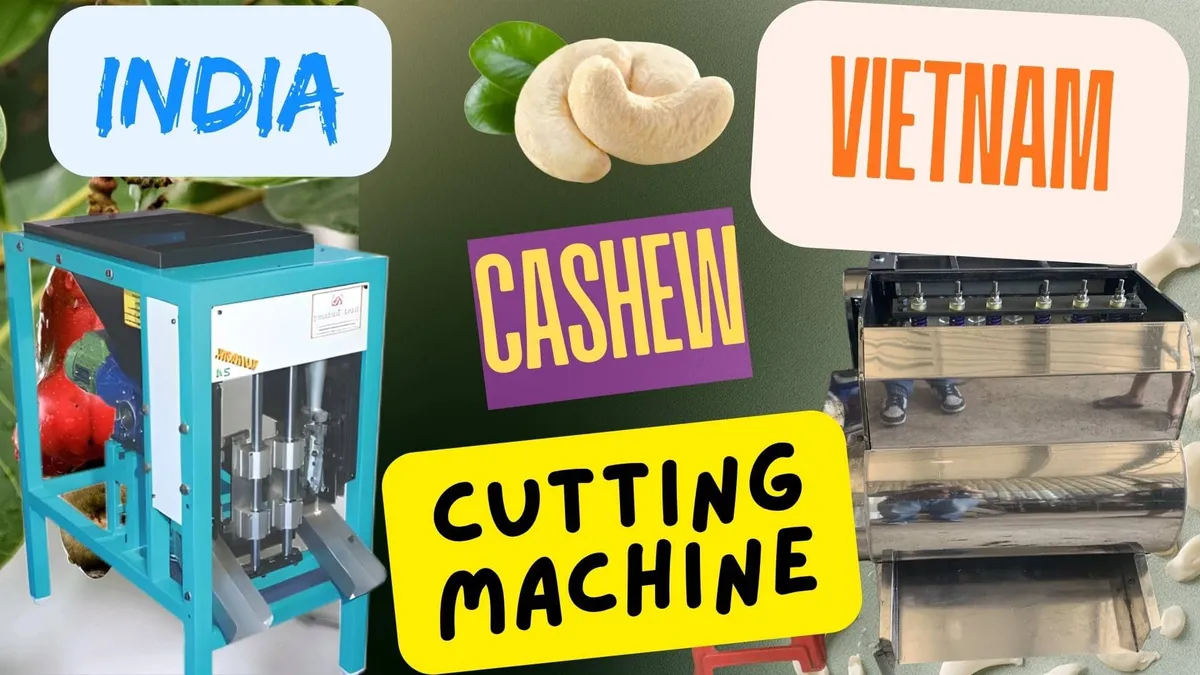 Side-by-side comparison of a Vietnamese rotary cashew cutting machine and an Indian piston-style cashew cutting machine
