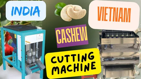 Side-by-side comparison of a Vietnamese rotary cashew cutting machine and an Indian piston-style cashew cutting machine